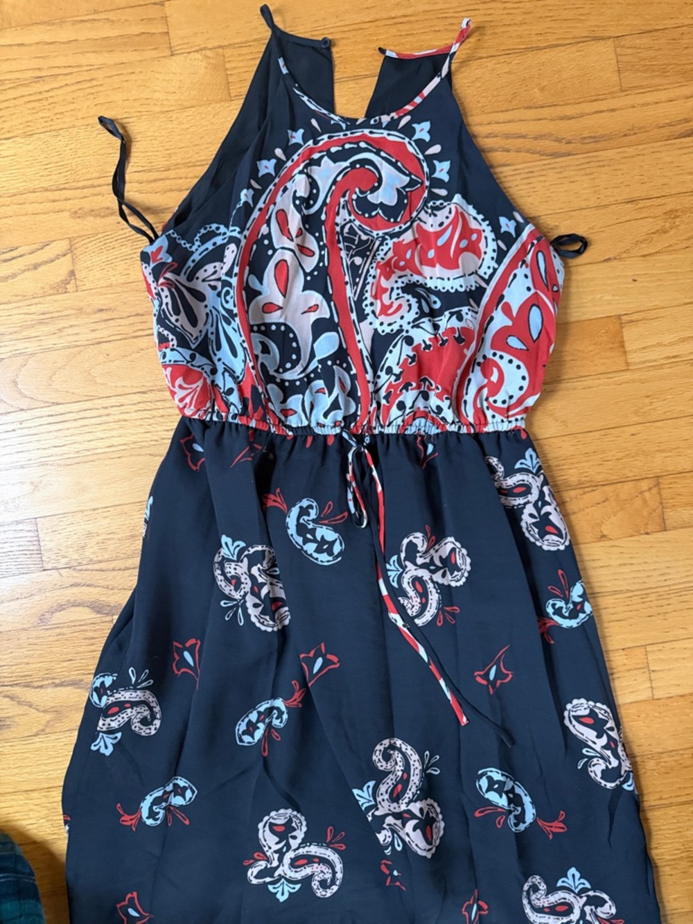 LOFT Navy Dress with Red and Light Blue Paisley Print